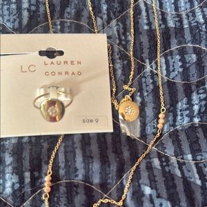 Long Layered Gold Necklace with Flower Pendant and Matching Ring